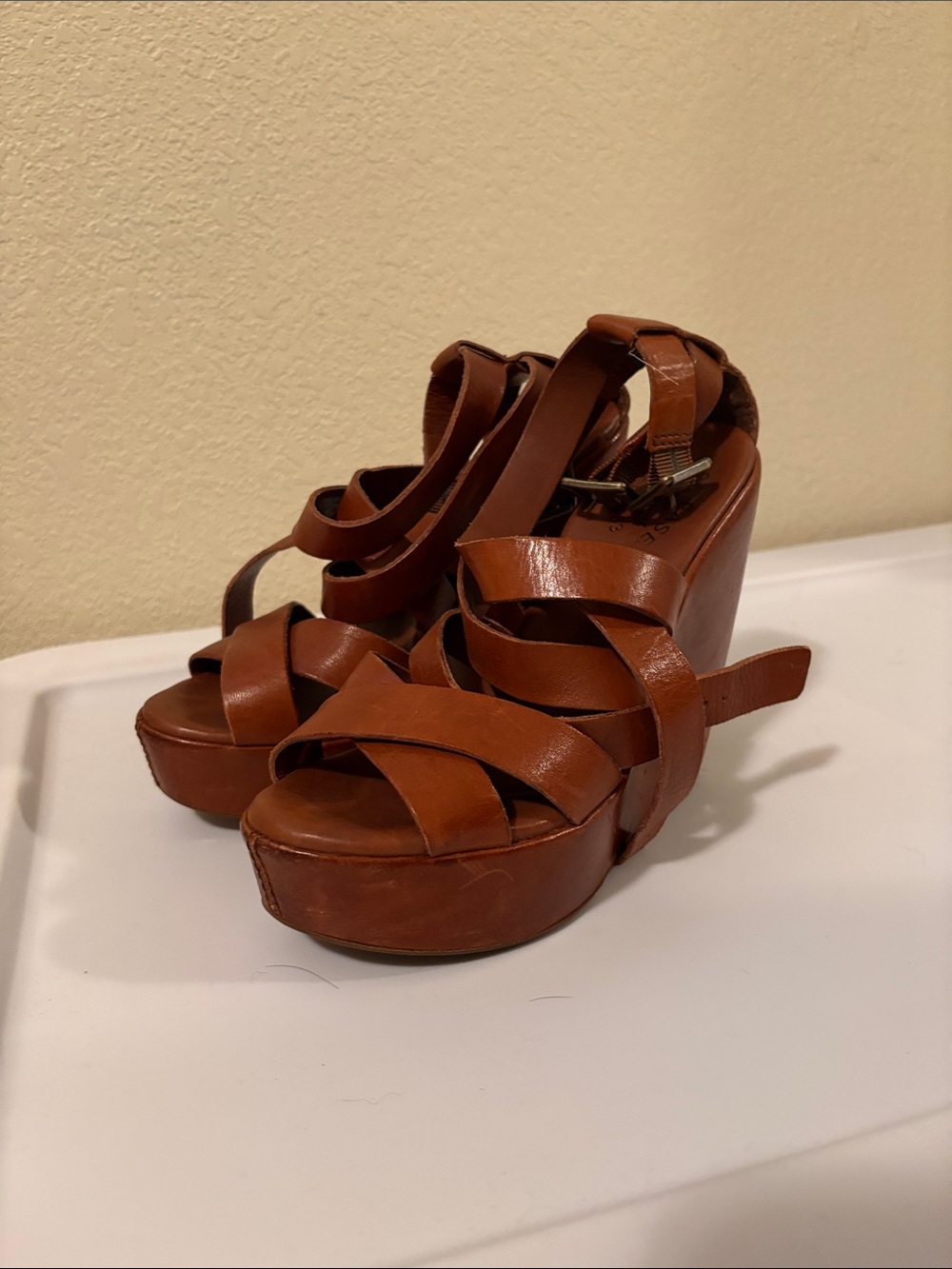 Women's Brown Leather Platform Wedge Sandals. KORK EASE